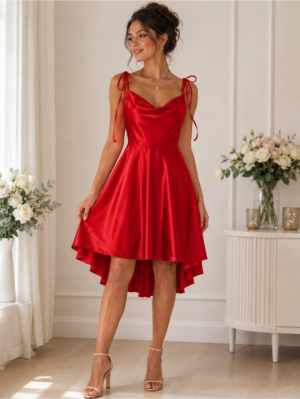 City Studio Red Satin High-Low Tie-Shoulder Dress